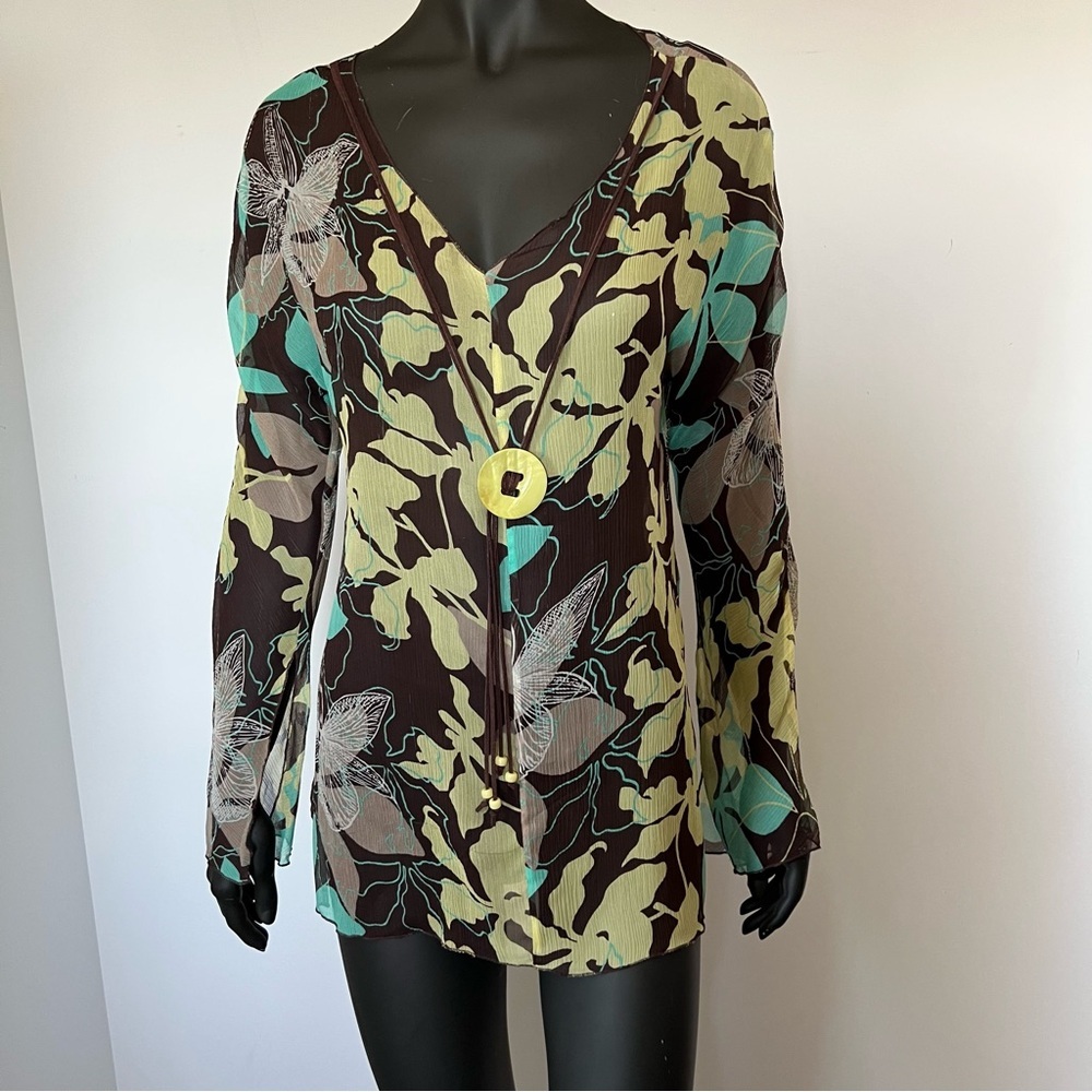 130. Sheer 100% Silk Boho Floral Blouse | Earth Tones | M